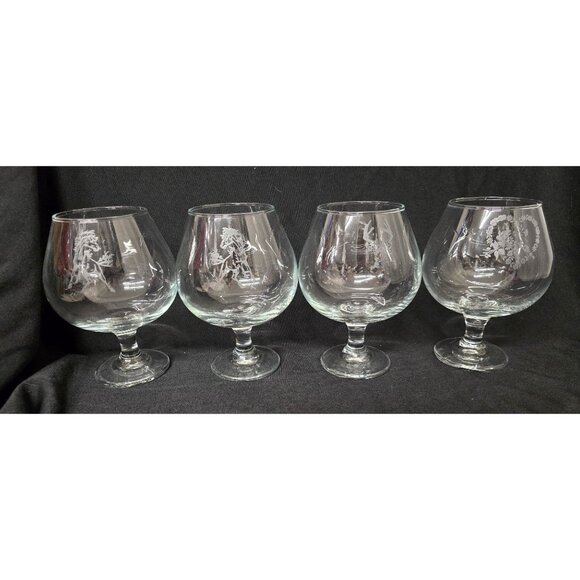 4 Etched 6" Glass Brandy Snifters Horse Deer & Floral Designs - Picture 1 of 5
